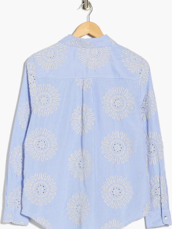 Nanette Lepore Blue and White Striped Embroidered Button-Up Shirt Floral - Image 3