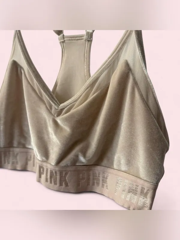 Victoria’s Secret PINK SPORT Velvet Lightly‎ Lined Racerback Bra Beige Medium - Image 2