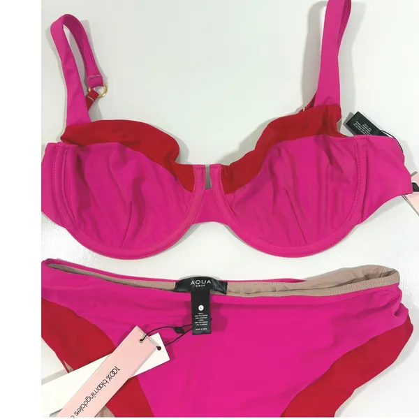 AQUA Swim Fuchsia Red Colorblock Underwire Bikini Set L FCH-1559H FCH-1623F - Image 7