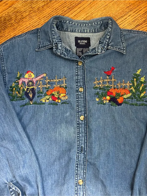VTG 90’s Solution Originals Embroidered Fall Scene Denim Button Up Shirt Size L - Image 6