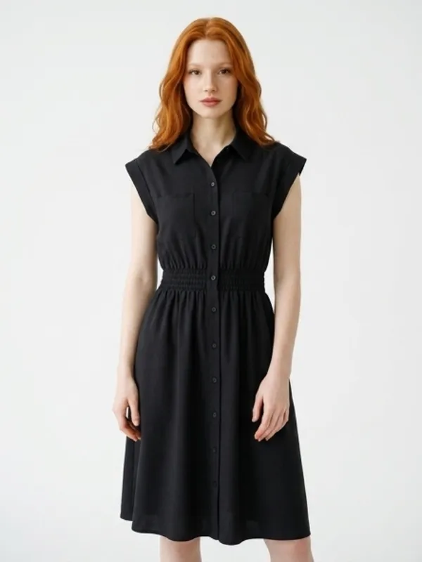 Black Button-Front Shirtdress with Smocked Waist‎ - Image 15