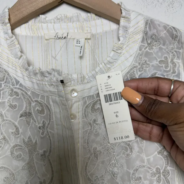 NEW Anthropologie Floreat Women Cotton Top 6 Ivory Embroidered Cottage Peasant‎ - Image 3