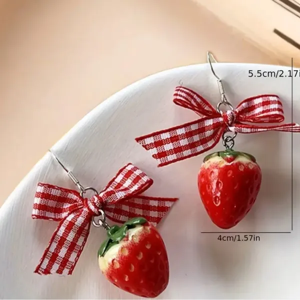 Strawberry Earrings with Red Gingham Bows - Image 7