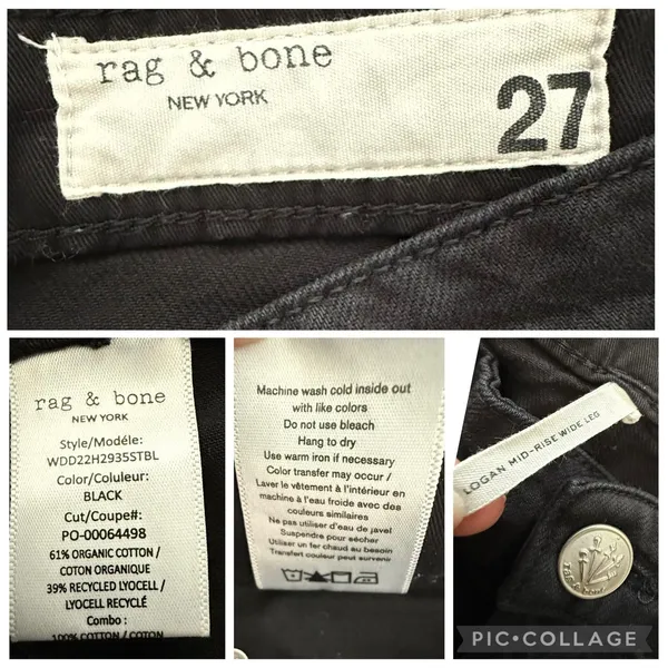 Rag & Bone Logan Wide Leg Jeans Black Organic Cotton Soft Relaxed Size 27 - Image 5