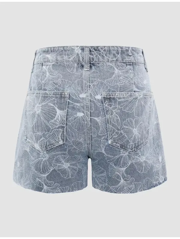 Cider Happy Hour Lotus Print Denim Mini Shorts High Rise Raw Hem Blue Size XL - Image 3