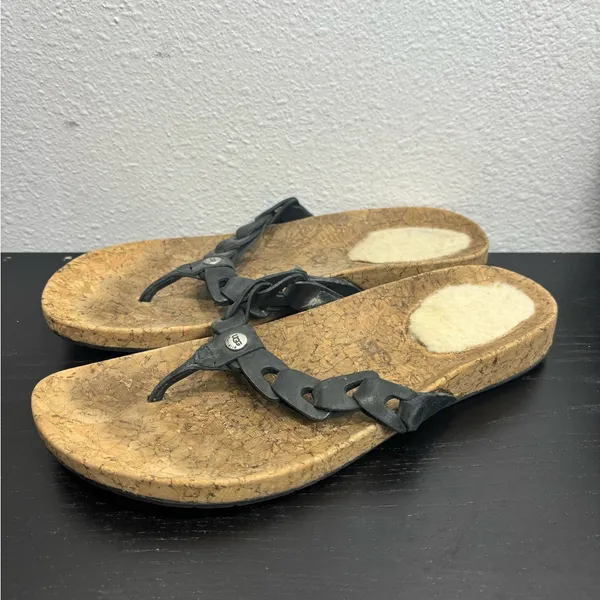 UGG Australia 7 Black‎ Leather Braided Thong Cork Flip Flops Shearling Sandals - Image 4
