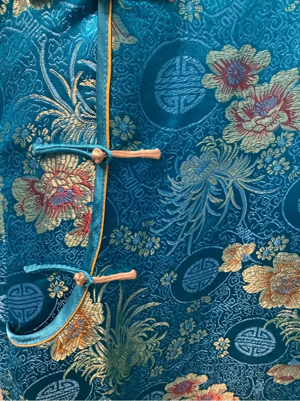 Yuexuan Qipao Dress Shanghai Style Blue Gold Floral Satin Mandarin Collar Y2K - Image 14