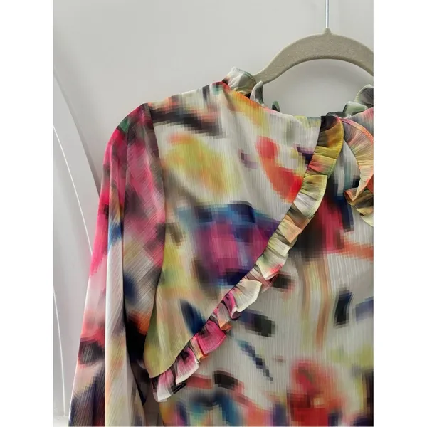 ALEXIS Leonie Mini Dress Abstract Print Long Sleeve Ruffle Tiered Belted Flowy S - Image 10