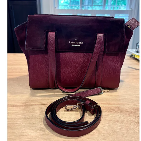 Kate Spade Burgundy Pebbled Leather and Suede Satchel Crossbody‎ Bag - Image 3
