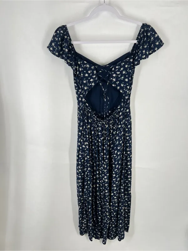 Hollister Navy Floral Puff-Sleeve‎ Midi Dress with Side Slit - Image 9
