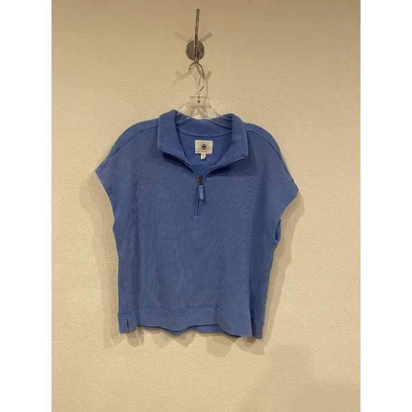 Sunnyside By Sundry Shirt Womens Medium Blue Waffle Knit Half Zip Cap Sleeve Top - Image 2