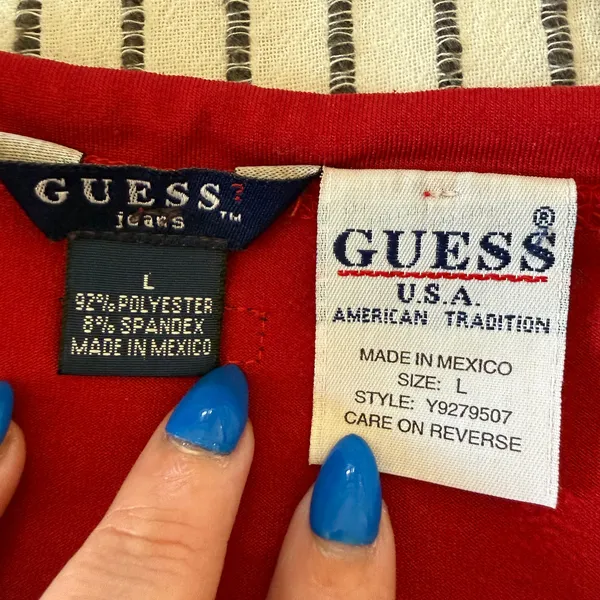 90s Vintage GUESS | Red Stretch Pull on Drawstring Side Stripe Mini Skirt Large - Image 6