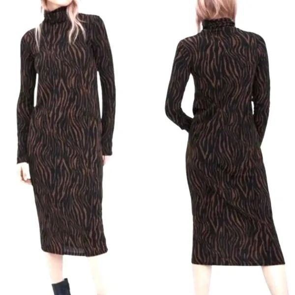 Zara Black Midi Dress Brown Black zebra tiger animal Print turtleneck longsleeve - Image 2
