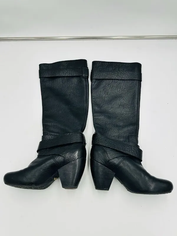 Lucky Brand Black Leather Candie Knee High Boots 6.5M Block Heel Double Buckle - Image 6