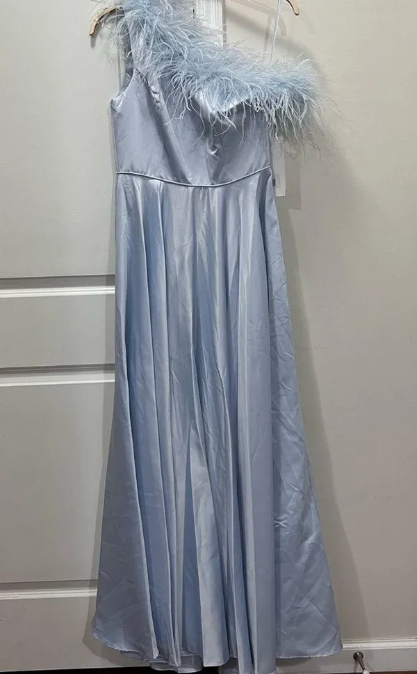 FLAWED NWT Mac Duggal Powder Blue One Shoulder A-Line Feather Gown Size 8 $598 - Image 2