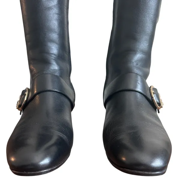 Tory Burch Moto Wrap Wedge Riding Boots Black Leather Gold Logo Size 8 - Image 3