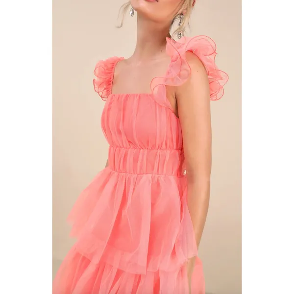 Lulus Tulle For Love Coral Pink Mesh Tulle Tiered Ruffled Maxi Dress Medium NWT - Image 4