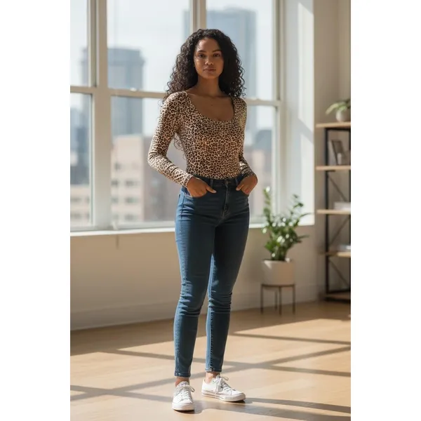 Long Sleeve Bodysuit‎ Womens Leopard Animal Print Scoop Neck Chic Fashion - Image 3