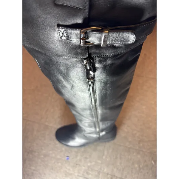 Tata Black Leather Over The Knee Boots Buckle Detail Low Block Heel Tall Boots - Image 6