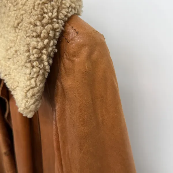 Vintage Leather Shearling Collar Penny Lane‎ Coat Brown Belted Distressed - Image 6