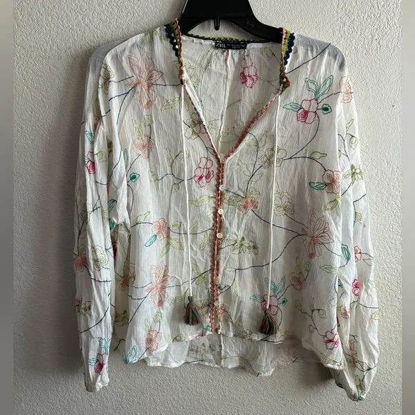 Zara Embroidered Tassel Tie Ivory Peasant Blouse L - Image 6
