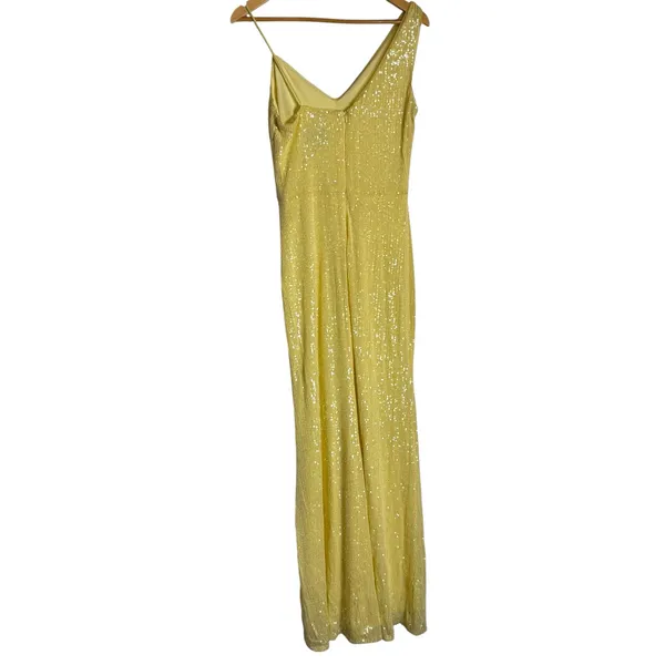 Xscape Yellow Sequined Asymmetric Neck Slit Sleeveless V-Neck Formal Gown Size 6 - Image 8