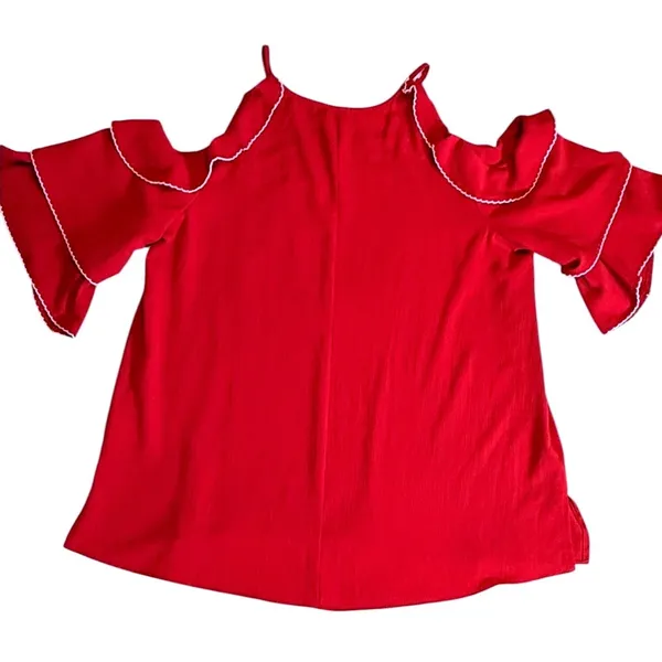 Umgee Red Cold Shoulder Tiered Ruffle Sleeve Picot Trim Boho Tunic Top Large - Image 6