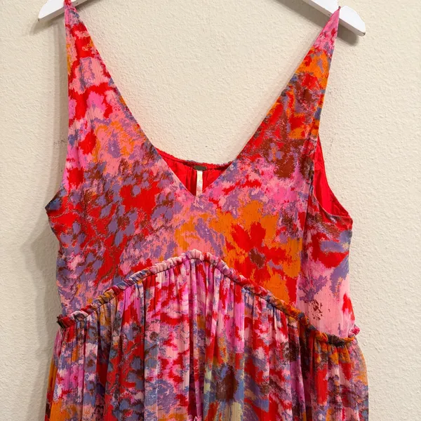 Free People Julianna Maxi Dress Small Red Floral Tiered Chiffon Sheer Boho Chic - Image 8