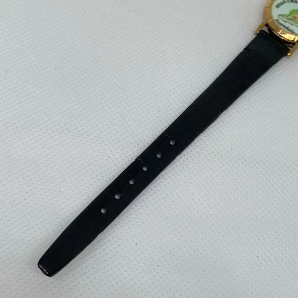 Vintage women gold tone watch quartz analog 22mm round black leather running - Image 5