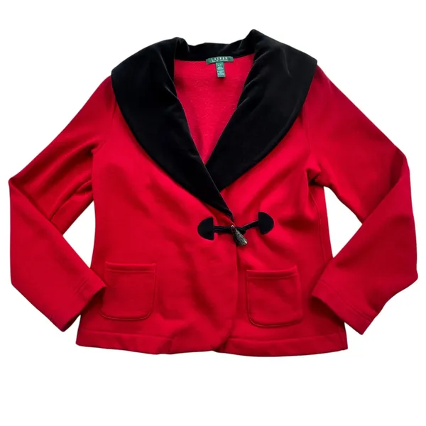 Lauren Ralph Lauren Red Toggle Jacket‎ Womens Large Black Velvet Shawl Collar - Image 10