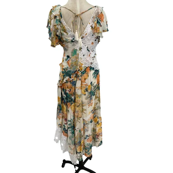 Anthropologie V-Neck Ruffle Lace Slip‎ Dress Floral White Multicolor Size US 4 - Image 11