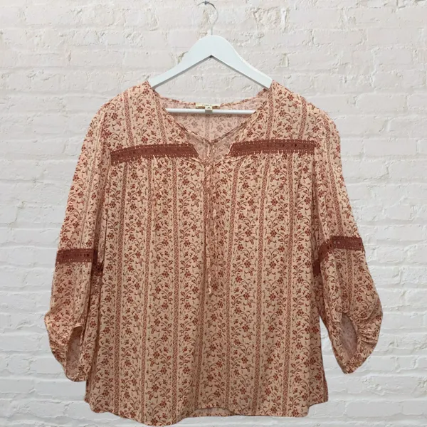 Boho Peasant Blouse M Floral Crochet Lace Tie Neck 3/4 Puff Sleeve Festival - Image 7