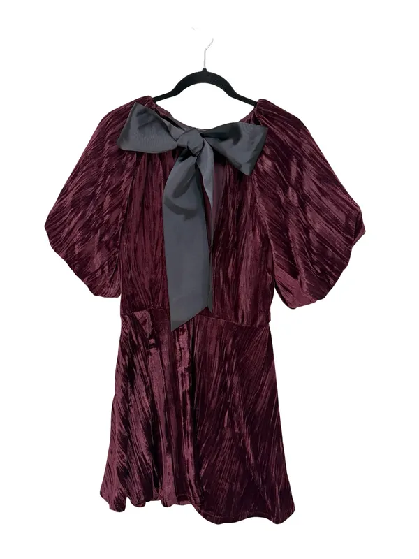 NEW H&M Velvet Balloon Sleeve Ribbon Bow Back Mini Dress in Burgundy - Size M - Image 4