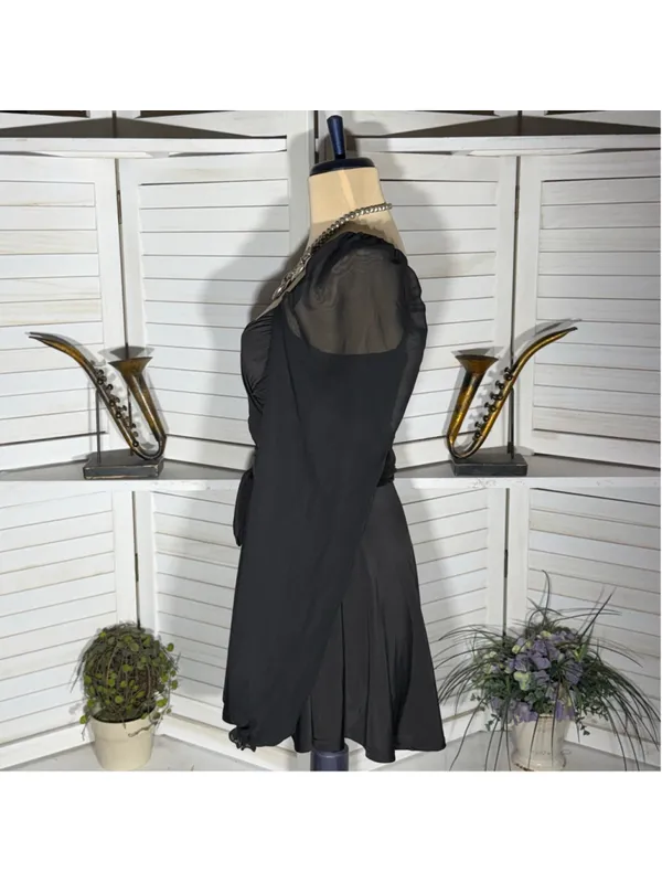 Lucy in the Sky black mini dress puff sheer sleeve plunge V cocktail homecoming - Image 3