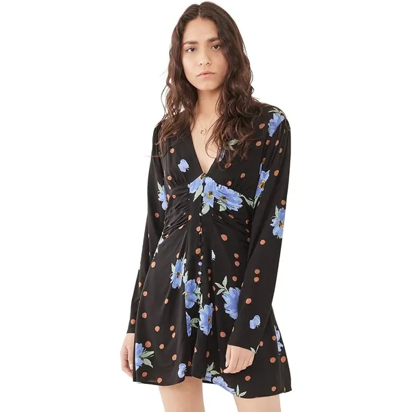 Free People‎ Date Night Mini Women's Dress A-Line Black Dot Floral Medium Boho - Image 2