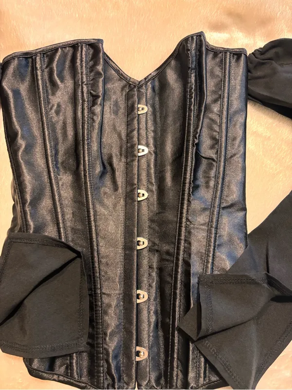 Womens hook and eye overbust corset top poet sleeves black S - Image 3