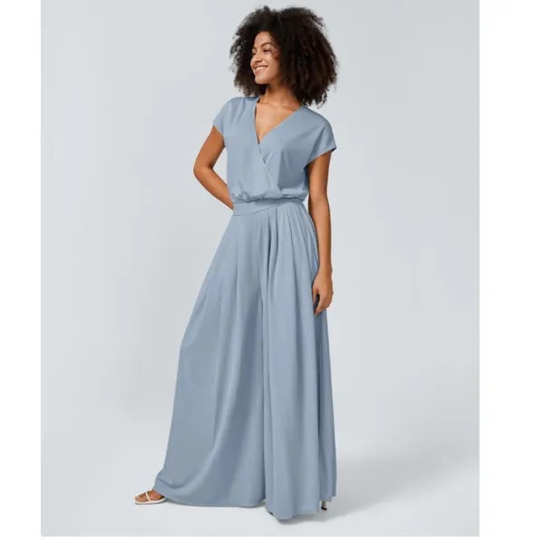 Halara‎ L V Neck SS Side Pocket Wide Leg Flowy Waffle Casual Jumpsuit Quiet Blue - Image 3