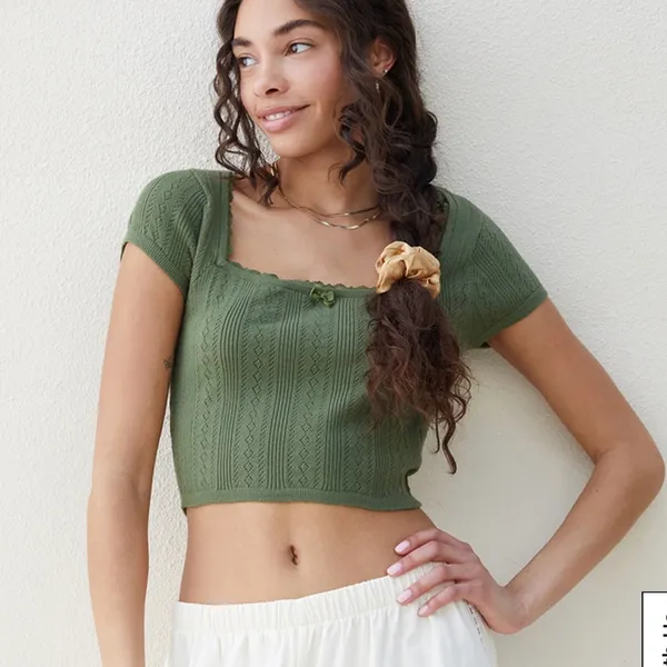 PacSun Beverly and Beck Zinnia Pointelle Lace Sweater T-Shirt Olive Green Size XS - Image 7