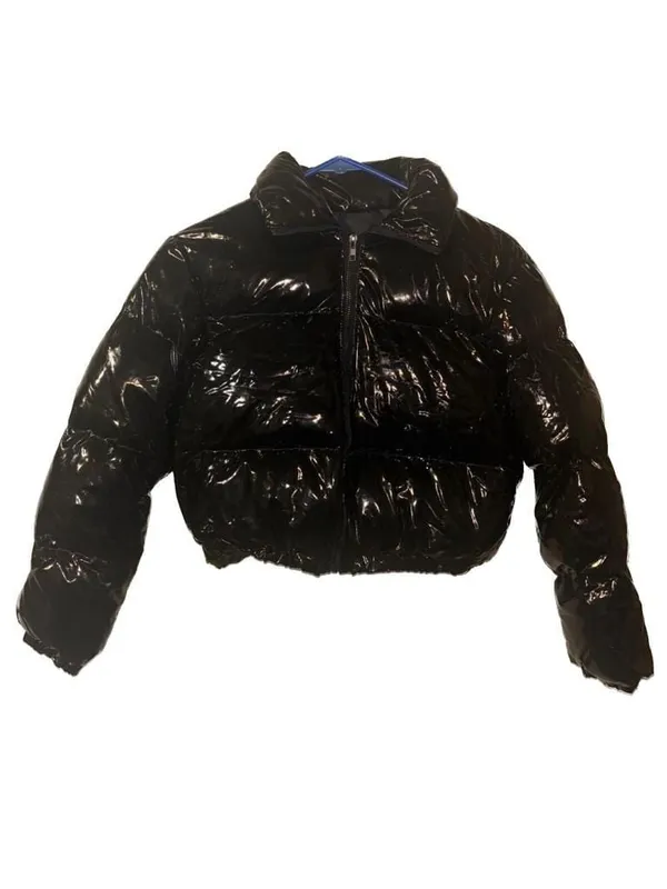 NWT Nanyfair Women's Black Shiny Vinyl Cropped Puffer Jacket Size L - Image 6