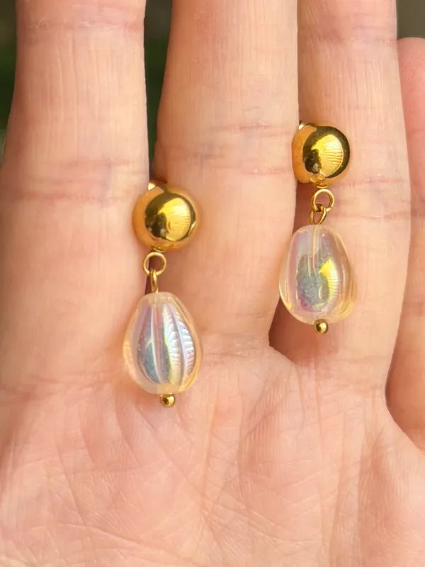 Handmade pear teardrop Czech glass simple minimalist earrings💛 - Image 4