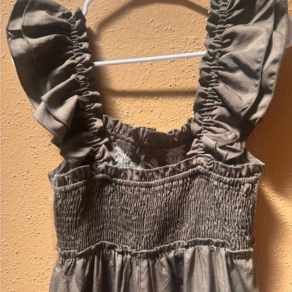 Boho Embroidered Ruffle Strap Tiered Maxi Dress Olive Brown Smocked Back Women - Image 4