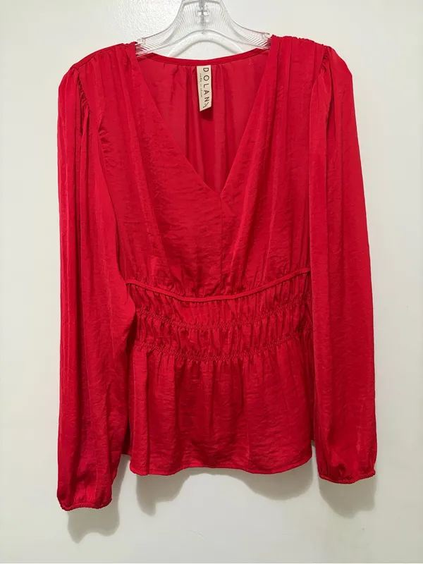 Anthropologie Dolan Red Satin V-Neck Smocked Waist Peplum Blouse Large - Image 3