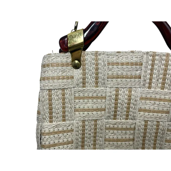 Vtg Handbag Purse Woven Purse Lucite Handles Made In Italy NWT Bohemian Neutral - Image 3