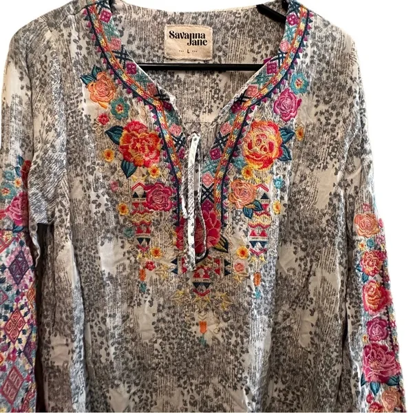 Savannah Jane Embroidered Boho Leopard Long Sleeve Blouse Size Large‎ - Image 6