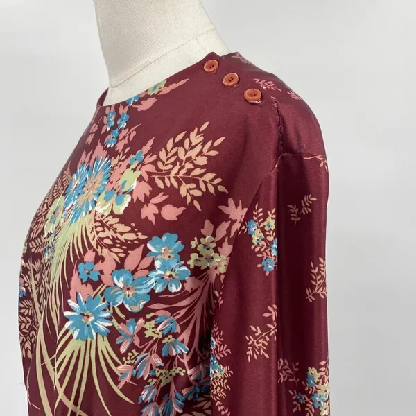 Vintage 70s Floral Print Matching Skirt Set Button Neck Tunic Midi Maroon Small - Image 6