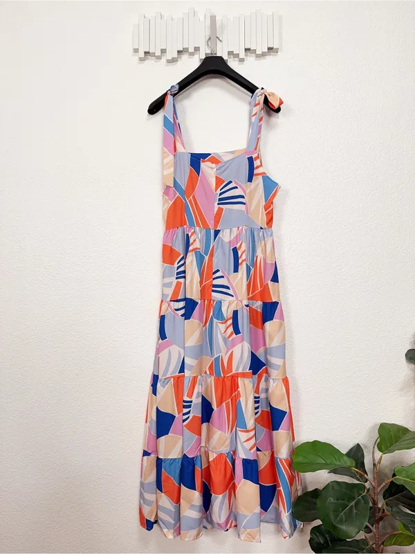 Miss Sparkling Colorful Abstract Print Tiered Maxi Dress Resort Vacation XL NWOT - Image 6