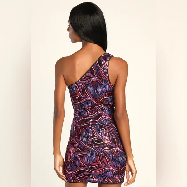 NWT Lulus Make a Statement Pink Sequin One-Shoulder Bodycon Mini Dress Size M - Image 2