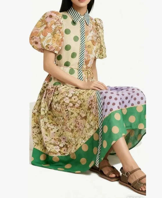 Women's Sexy Short Puff Sleeve Lapel V Neck Button Printed Colorblock Bodycon Cocktail Party Holiday Dress - Image 3