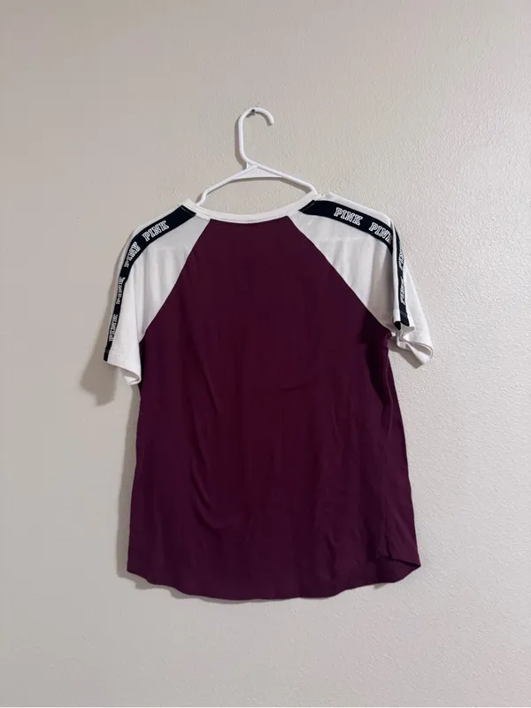 PINK Victoria's Secret Burgundy Raglan Tee with White Trim - Image 3