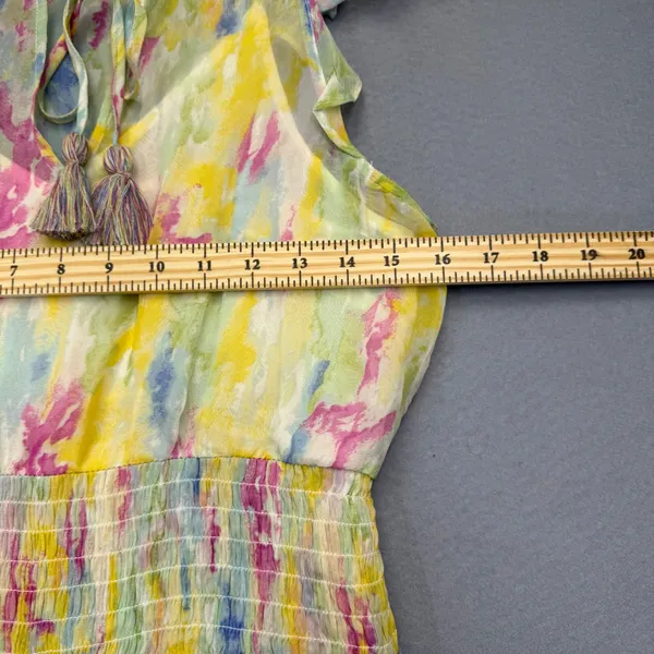 Anthropologie Watercolor Maxi Dress Yellow‎ Pink Blue Smocked Waist Size 4 - Image 3